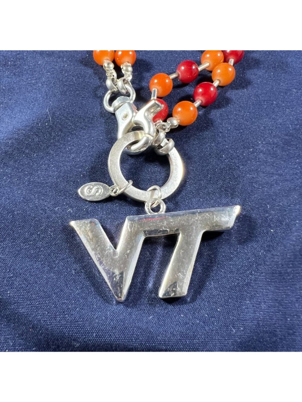 Virginia Tech Beaded Necklace With Double Strands & Silver VT Pendant Orange & M - Picture 2 of 3